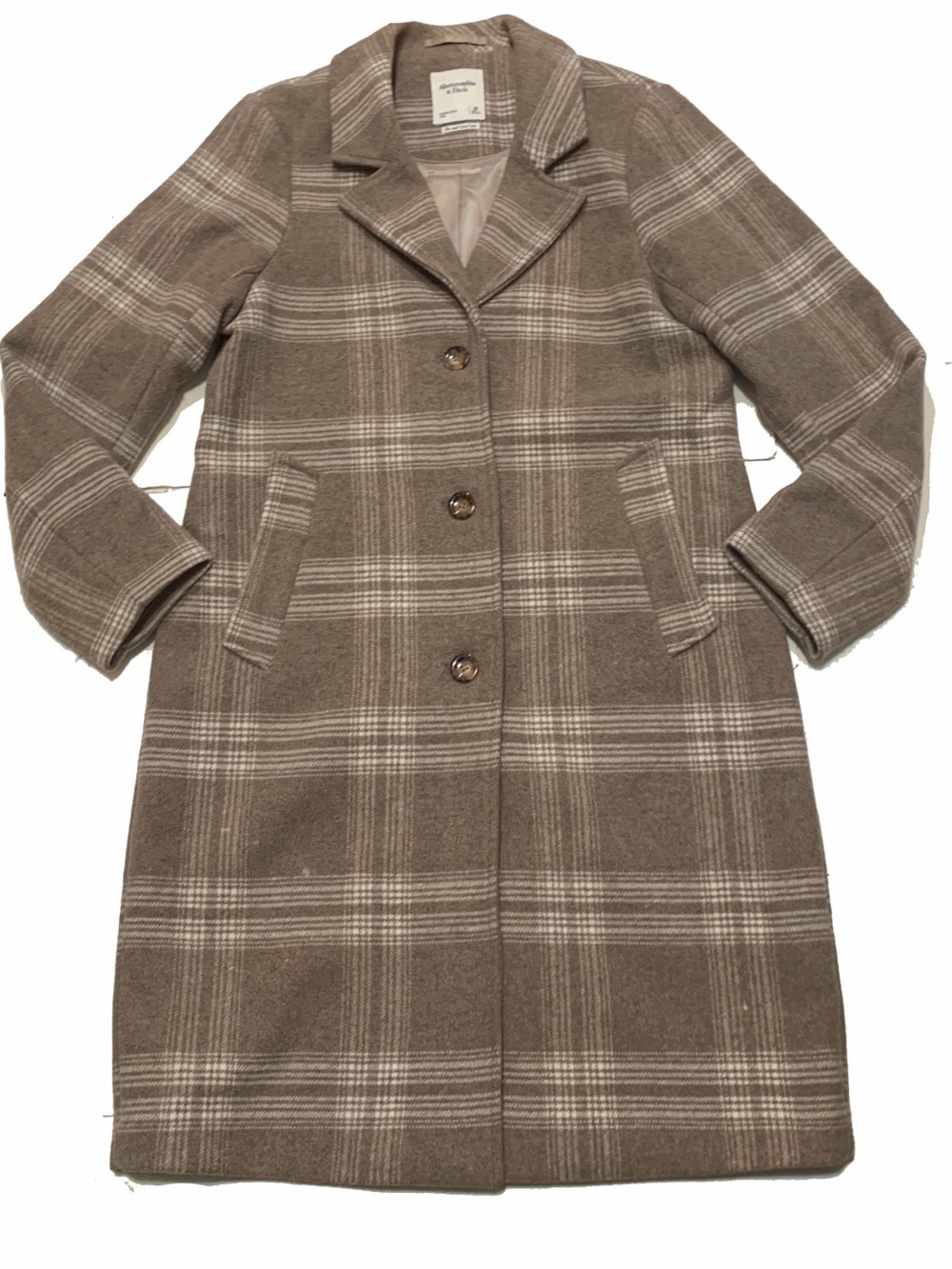 Abercrombie & Fitch the a&f dad coat Taupe and White Plaid Wool-Blend Pea Coat